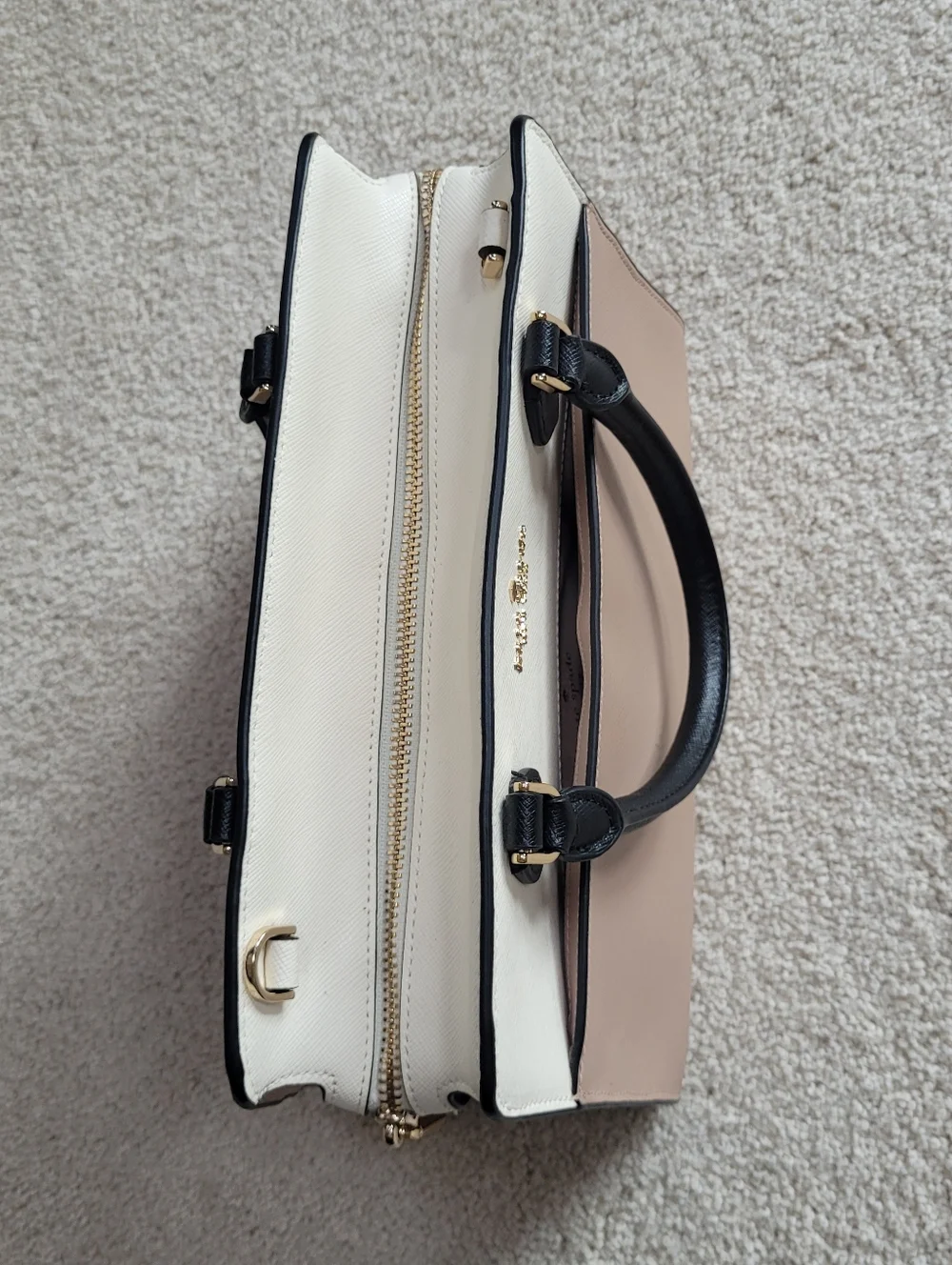 Kate Spade Womens Cream Tan Black Leather Madison Top Zip Medium Satchel